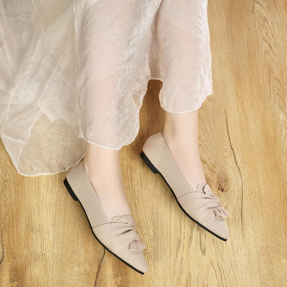 Women's Beige Pointed Toe Ballet Flats with Bow Comfortable Knit Dressy Flats - Picture 6 of 8